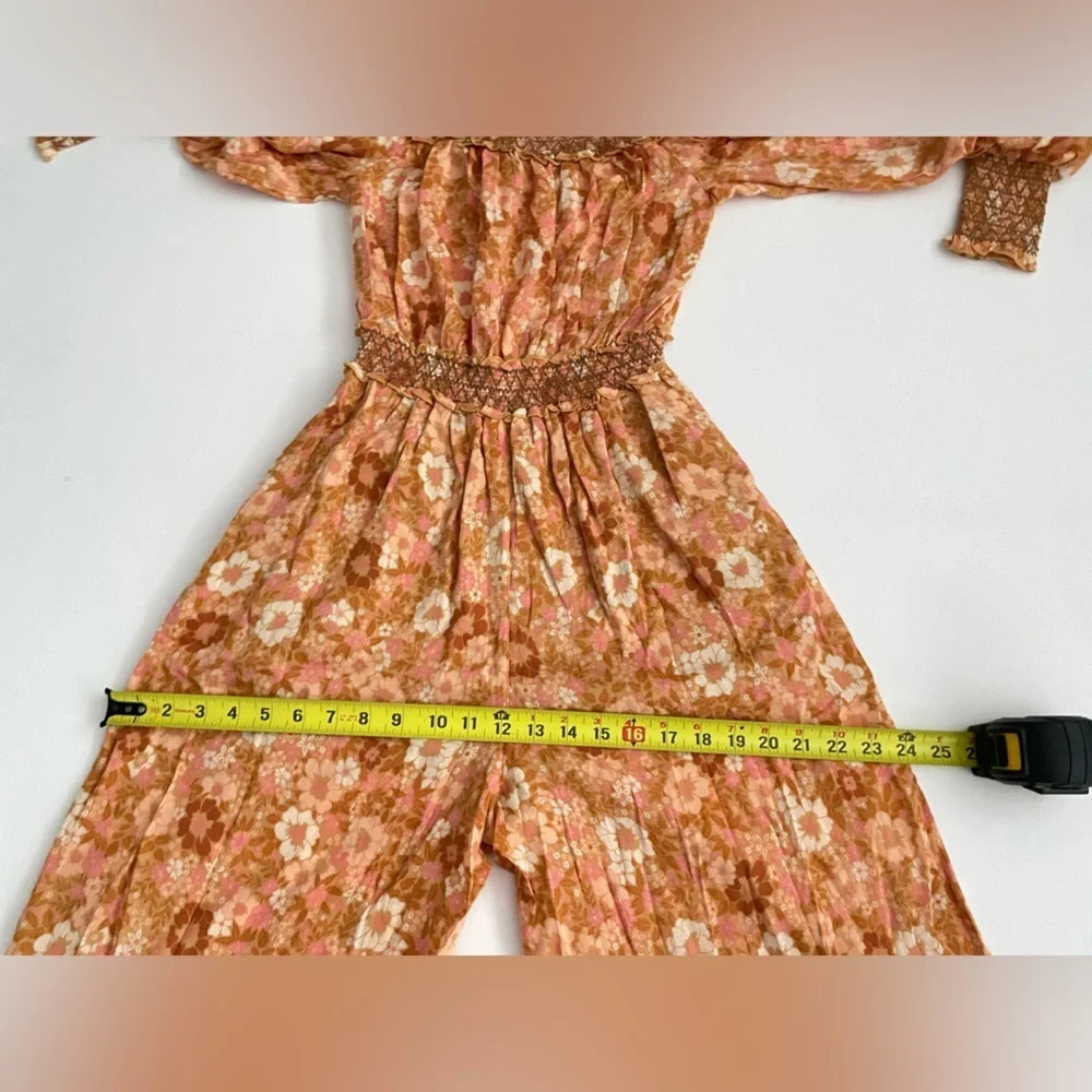 Spell Anne Smocked wide leg jumpsuit XS Peach antique floral off shoulder cotton - Picture 7 of 14